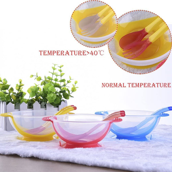 Baby-Safe Heat Indicating Silicone Fork, Spoon, Bowl Set