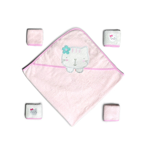 Organic Cotton Hooded Bath Towel and Washcloth Set - Baby Pink Kitty