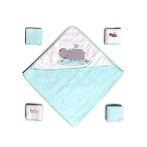 Organic Cotton Hooded Bath Towel and Washcloth Set - Green Hippo