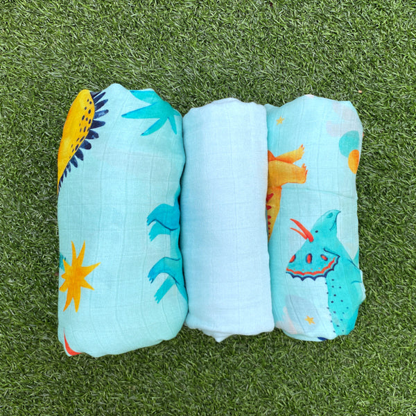 (70% Bamboo, 30% Cotton) Dinosaur Kingdom Swaddle 3pc Set