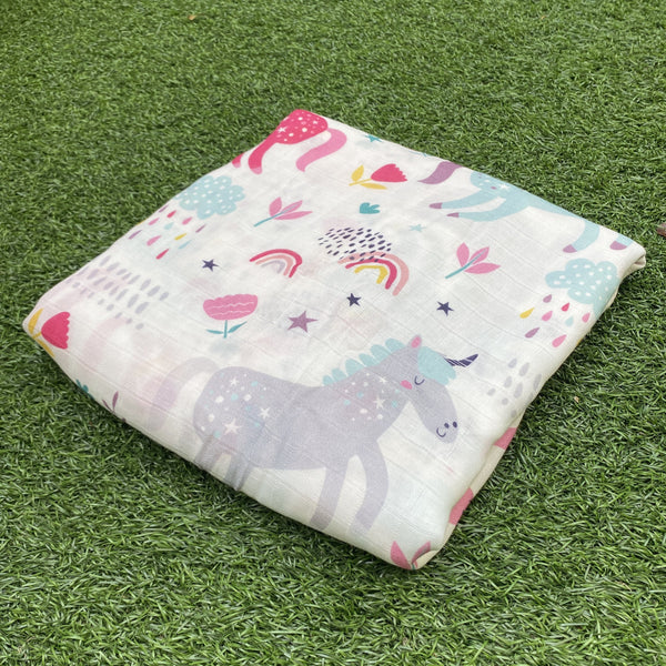 (70% Bamboo, 30% Cotton) Raining Colours on Unicorn Swaddle