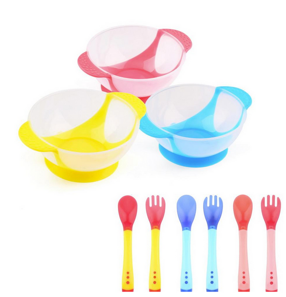 Baby-Safe Heat Indicating Silicone Fork, Spoon, Bowl Set