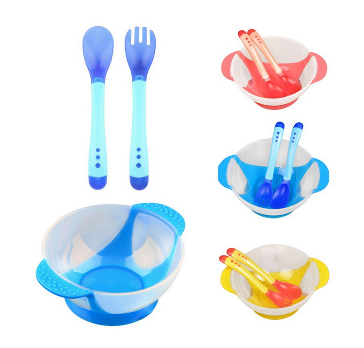 Baby-Safe Heat Indicating Silicone Fork, Spoon, Bowl Set