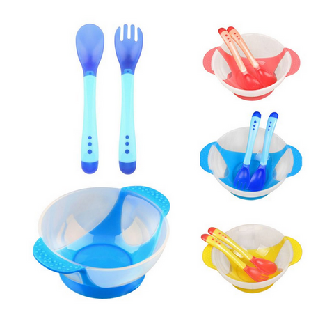 Baby-Safe Heat Indicating Silicone Fork, Spoon, Bowl Set