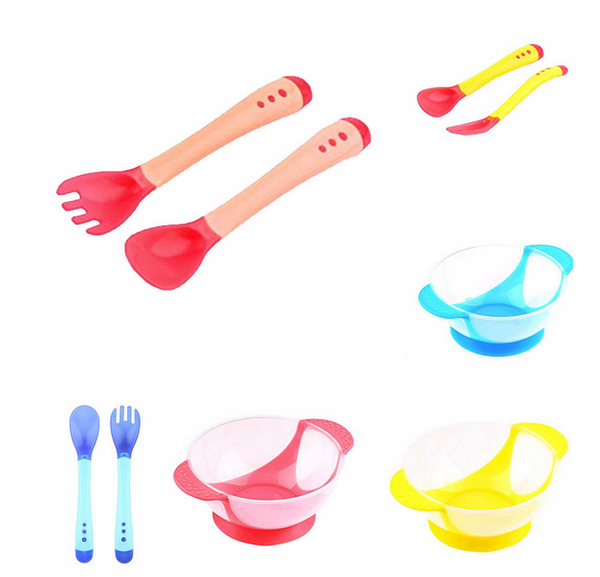 Baby-Safe Heat Indicating Silicone Fork, Spoon, Bowl Set