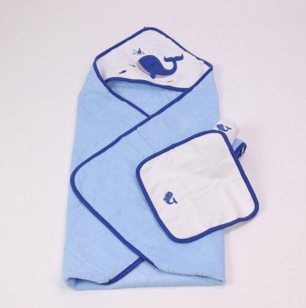 Organic Cotton Hooded Bath Towel and Washcloth Set - Blue Whale