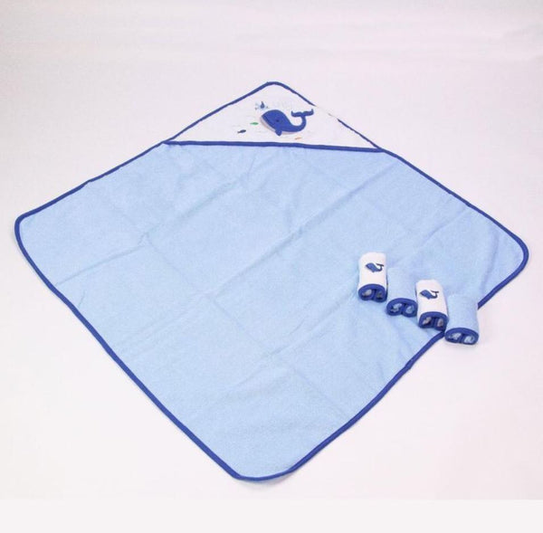 Organic Cotton Hooded Bath Towel and Washcloth Set - Blue Whale