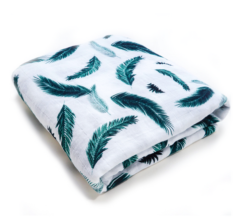 (70% Bamboo, 30% Organic Cotton) Emerald Feathers Swaddle